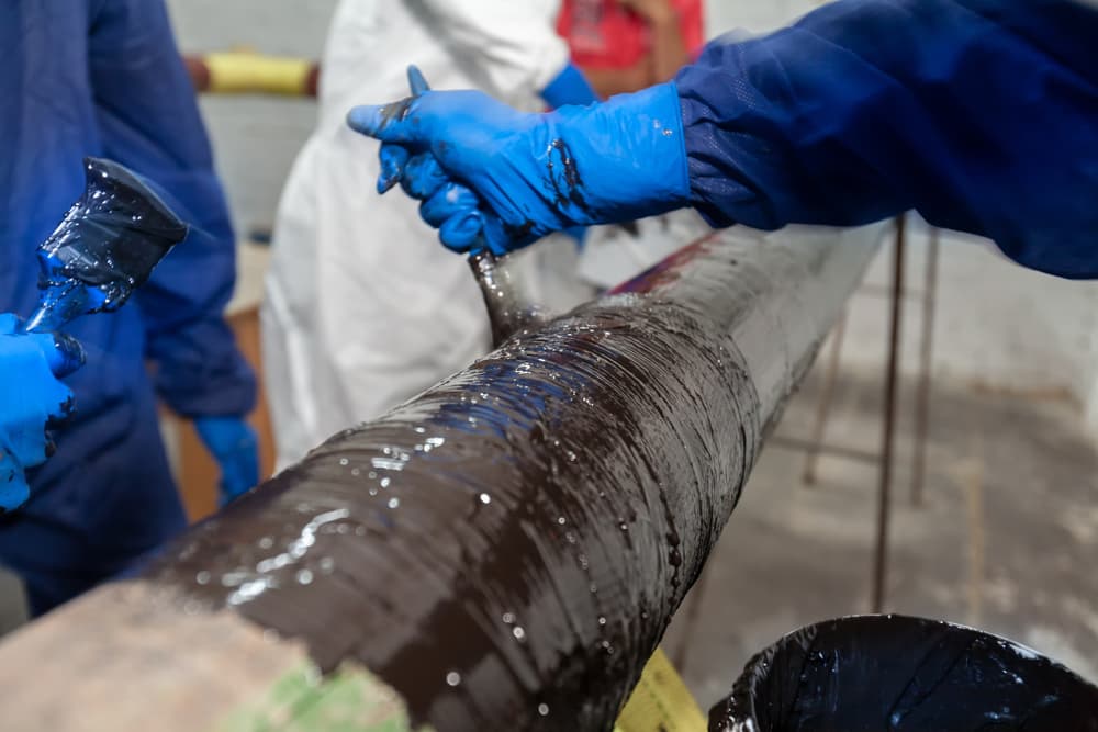 Technicians applying composite reinforcement to an industrial pipe